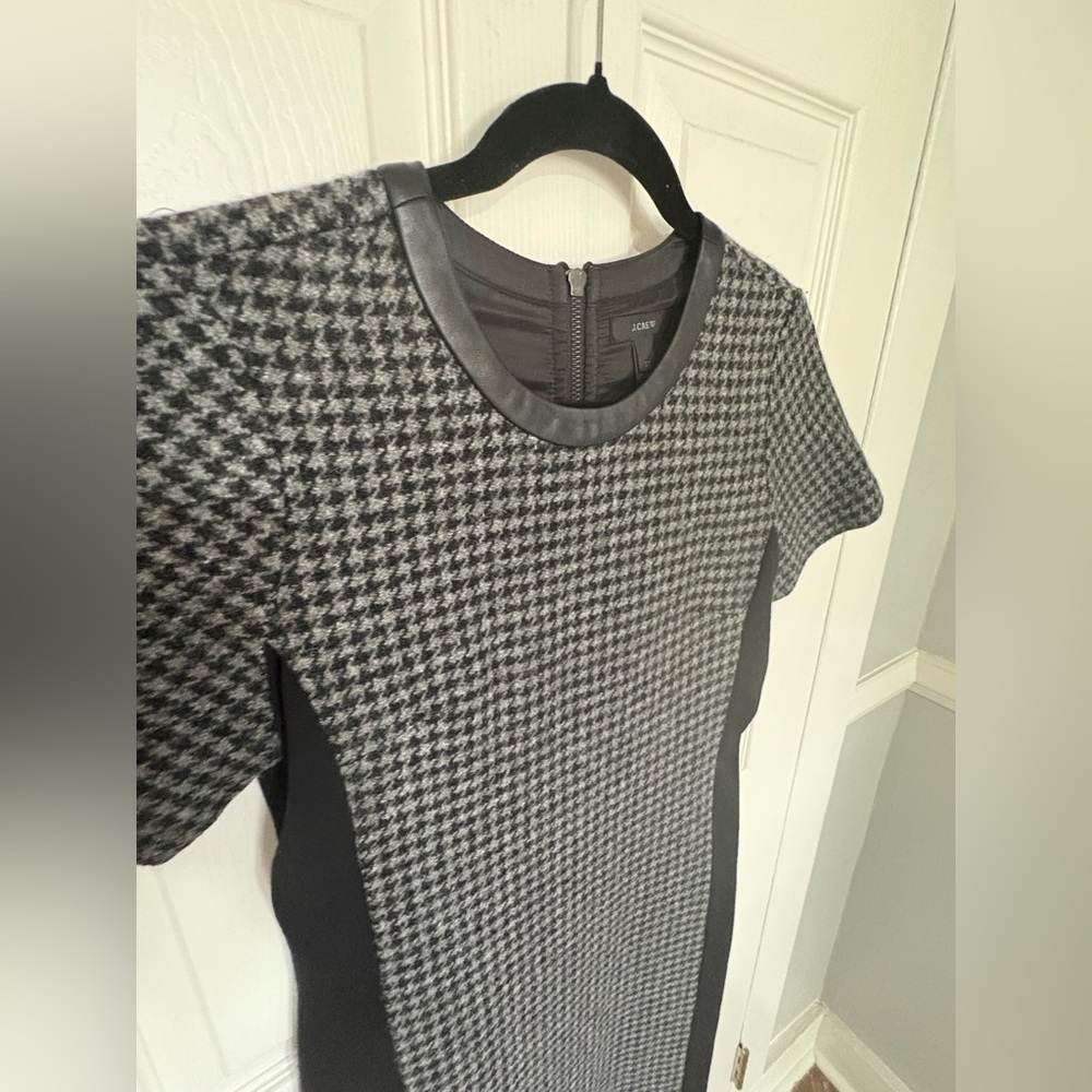 J.Crew Mixed Houndstooth Tweed & Leather Dress | Size 2 Tall | Classic Career - Picture 7 of 12